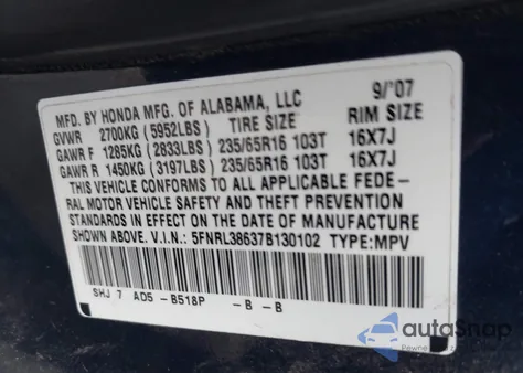 2007 Honda Odyssey Ex-L z USA, uszkodzony, nr VIN 5FNRL38637B130102